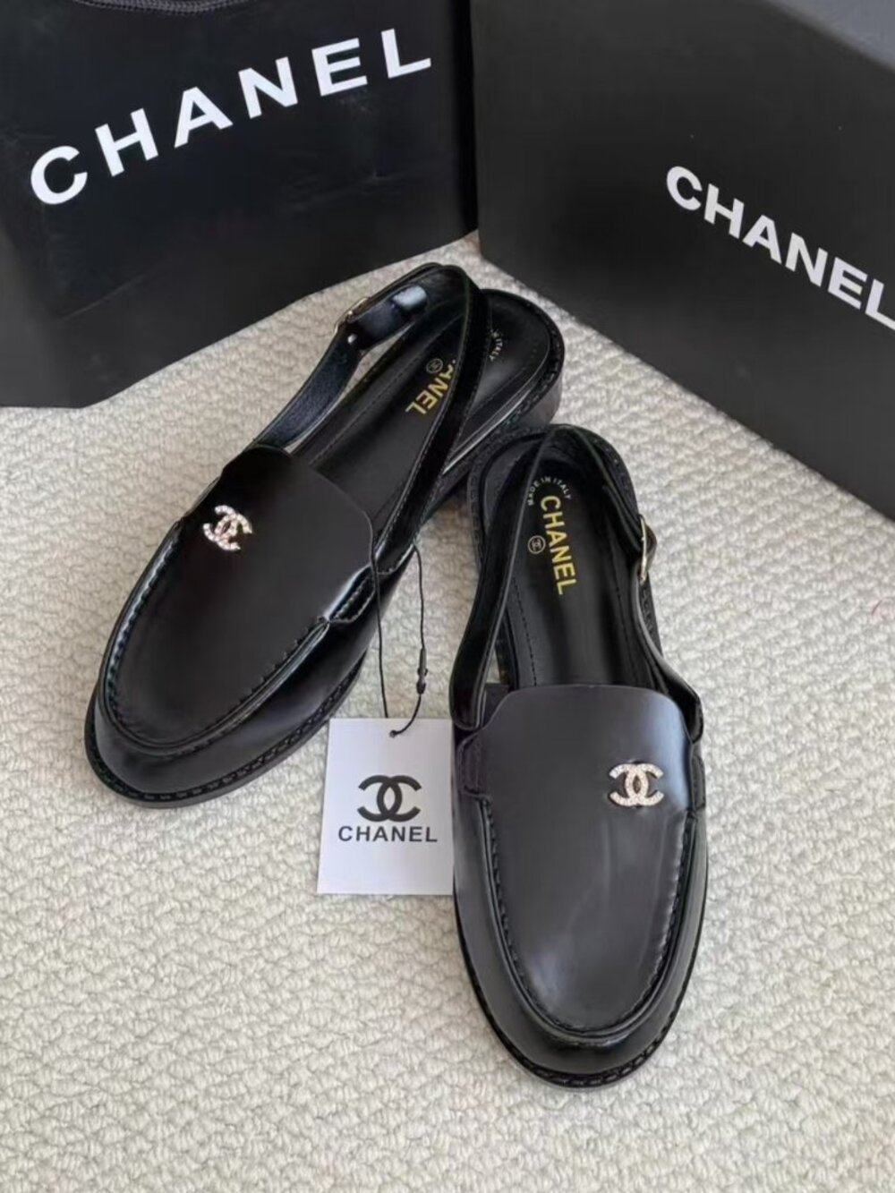 Chanel Crystal CC Logo Black Leather Slingback Loafers